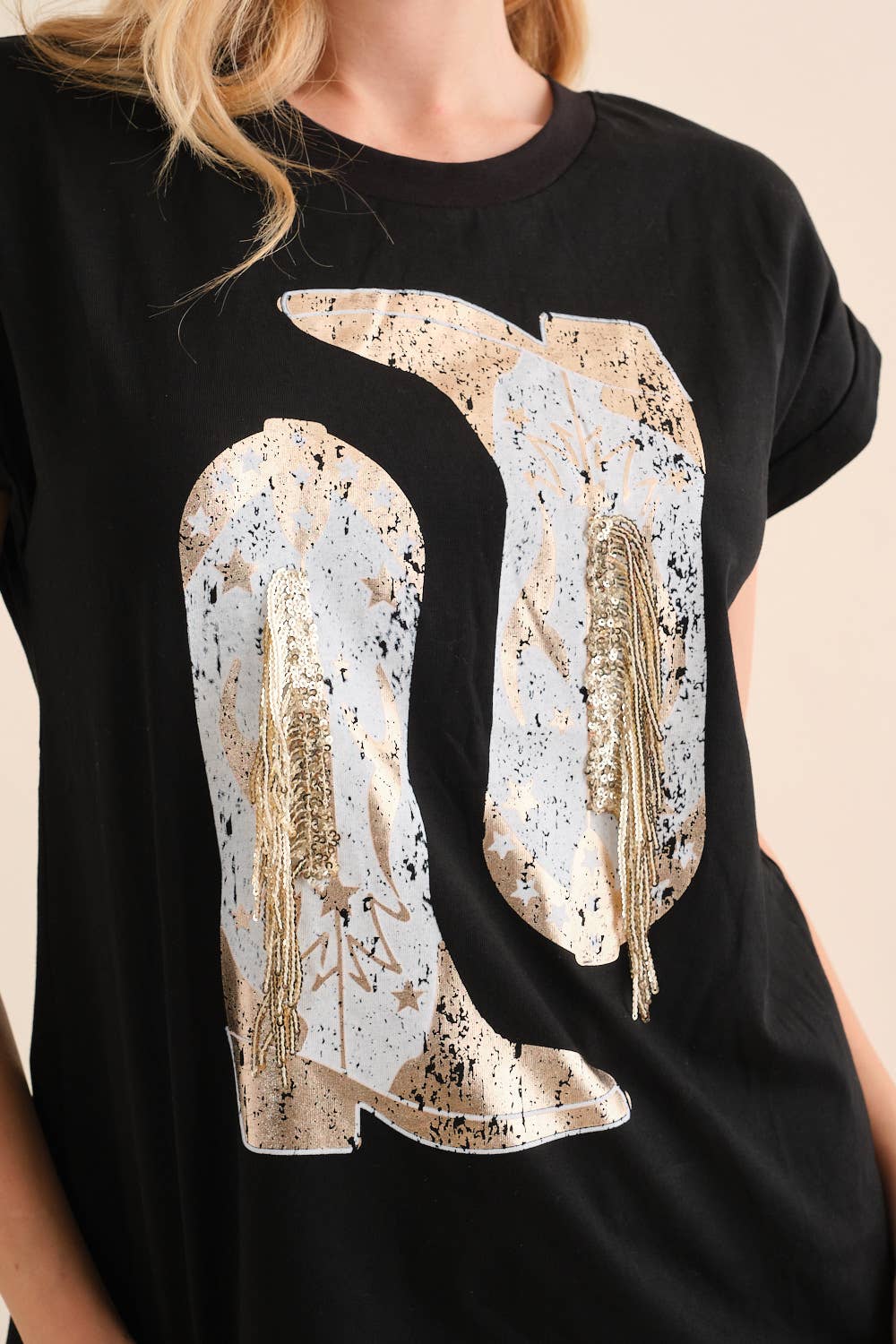 Foil Graphic Fringe Embellish T Shirt: / BLACK GOLD