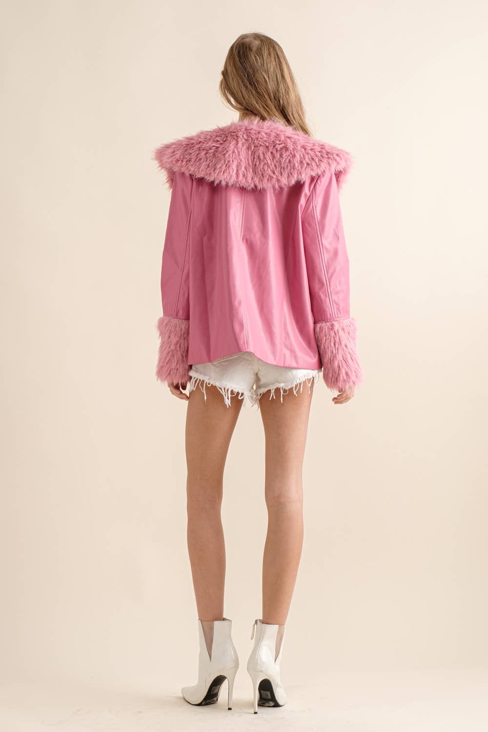 Faux Leather Removable Fur Collared Jacket: SEA PINK